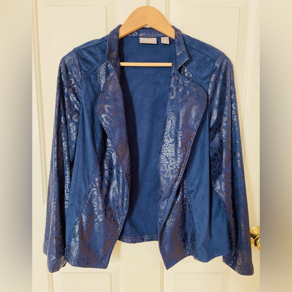 Chico’s Navy Blue Snakeskin Embossed Faux Suede Moto Jacket Pockets 2 Large